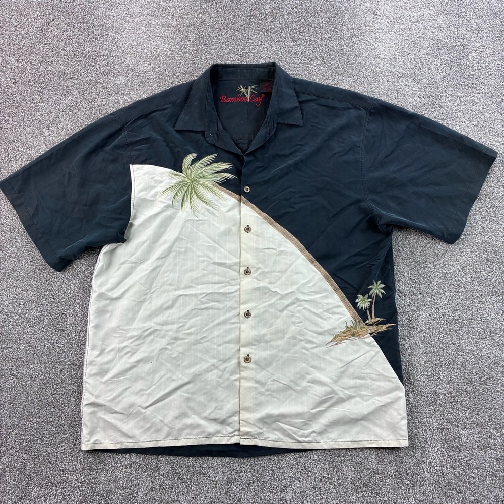 Bamboo Cay Button Up Shirt Mens XL Black Modal Blend Palm Tree Embroidered